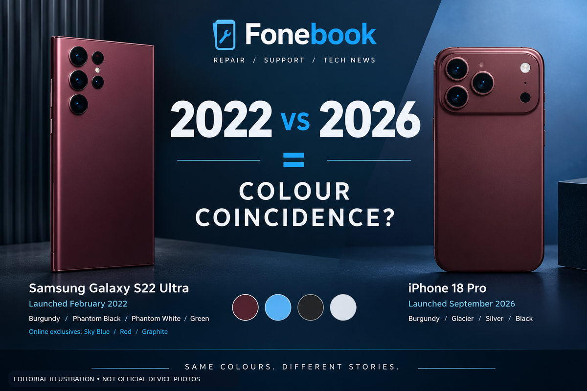 Fonebook conceptual comparison illustration of the 2022 and 2026 flagship colour palettes