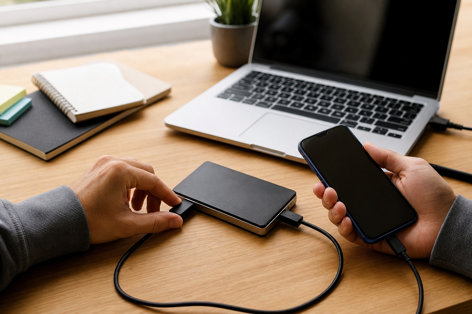 Devices and an external drive arranged for backing up school files and photos