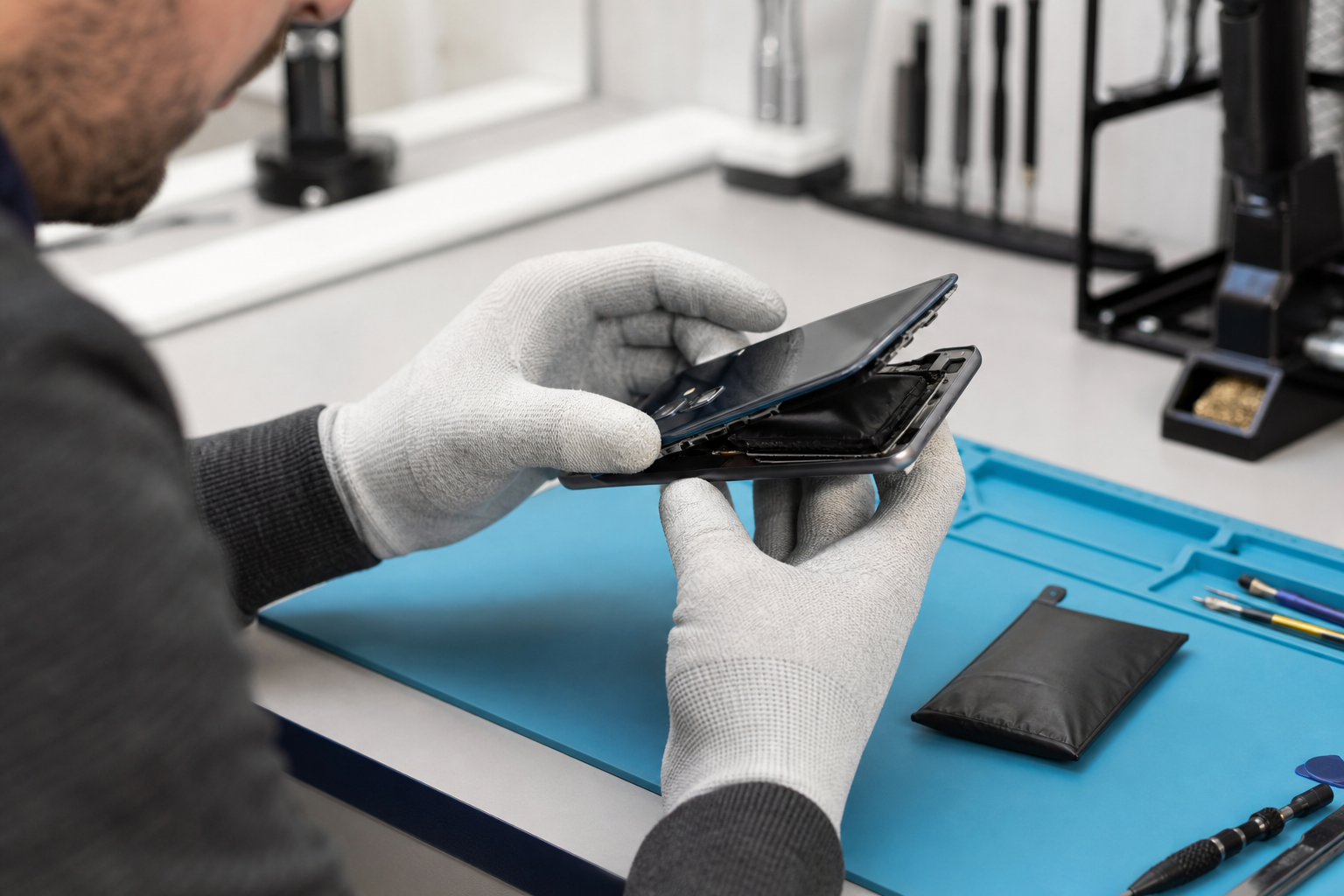 Technician safely inspecting a phone with a swollen battery