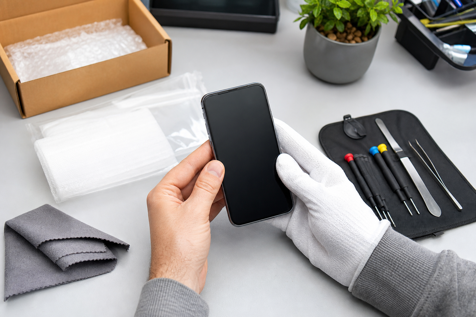 Hands inspecting an older smartphone before placing it in protective packaging for trade-in