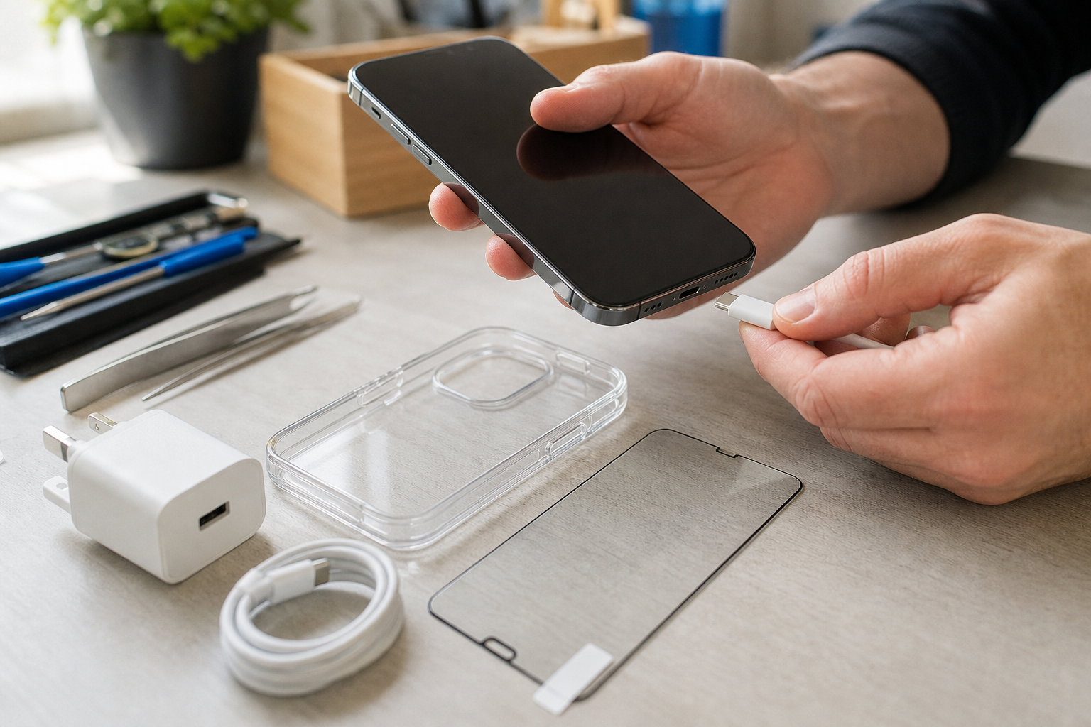 A technician checking a smartphone charger and fitting a protective case to a new phone
