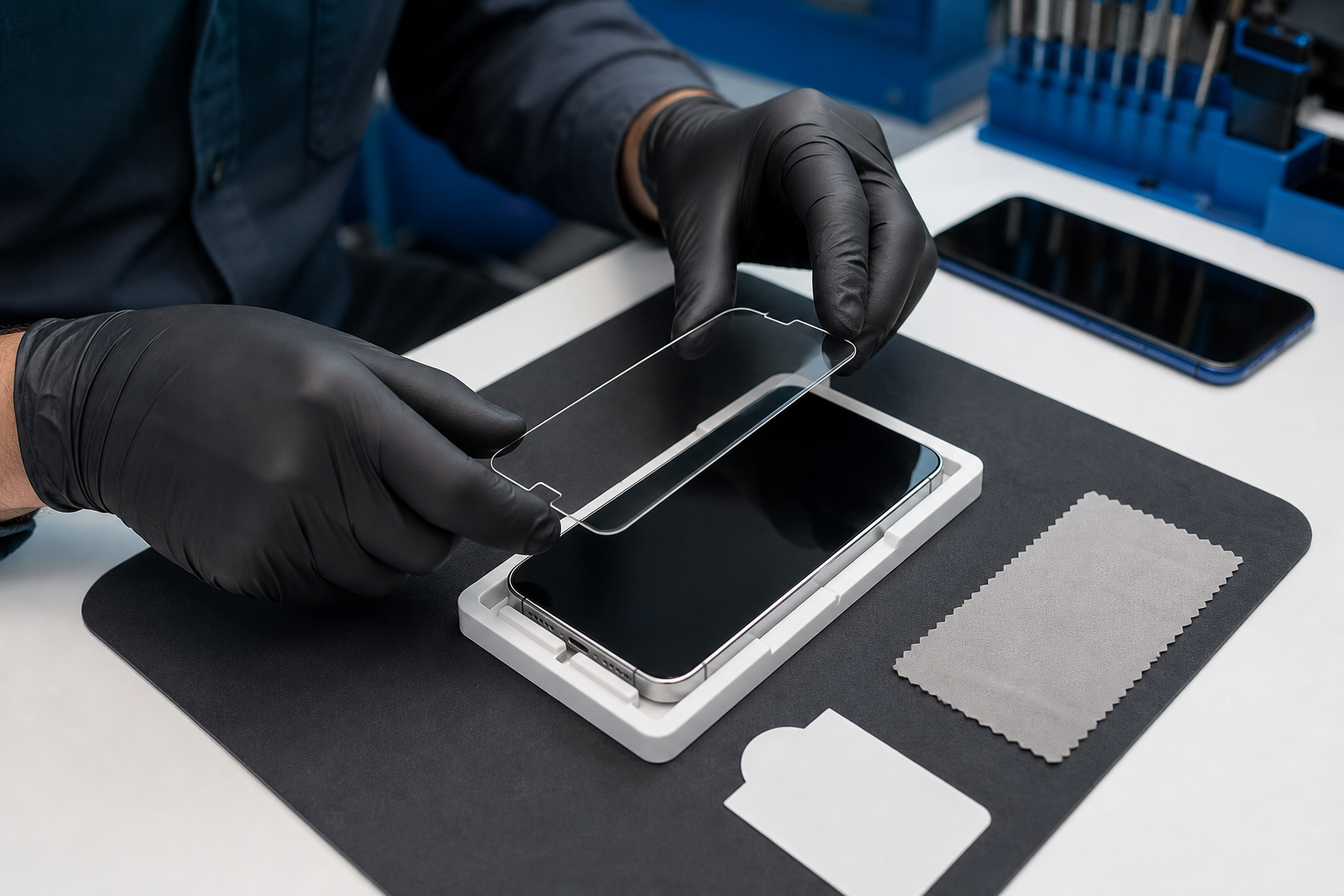 Technician carefully aligning a clear screen protector on a premium smartphone