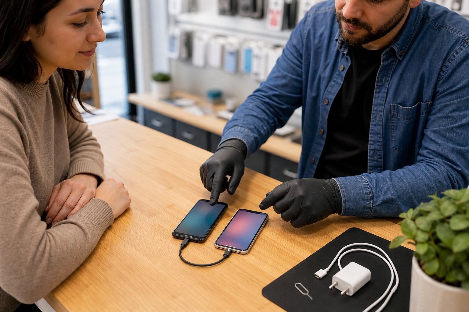 Two smartphones being prepared for a careful in-shop data transfer