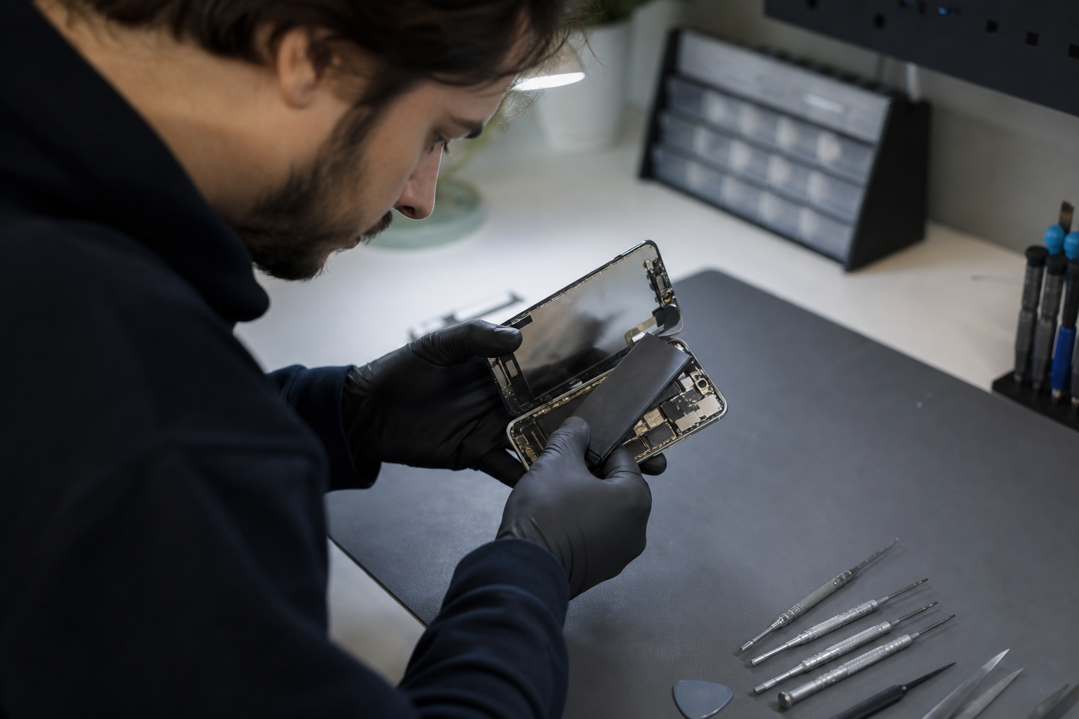 Technician inspecting the battery and internal components of an opened smartphone