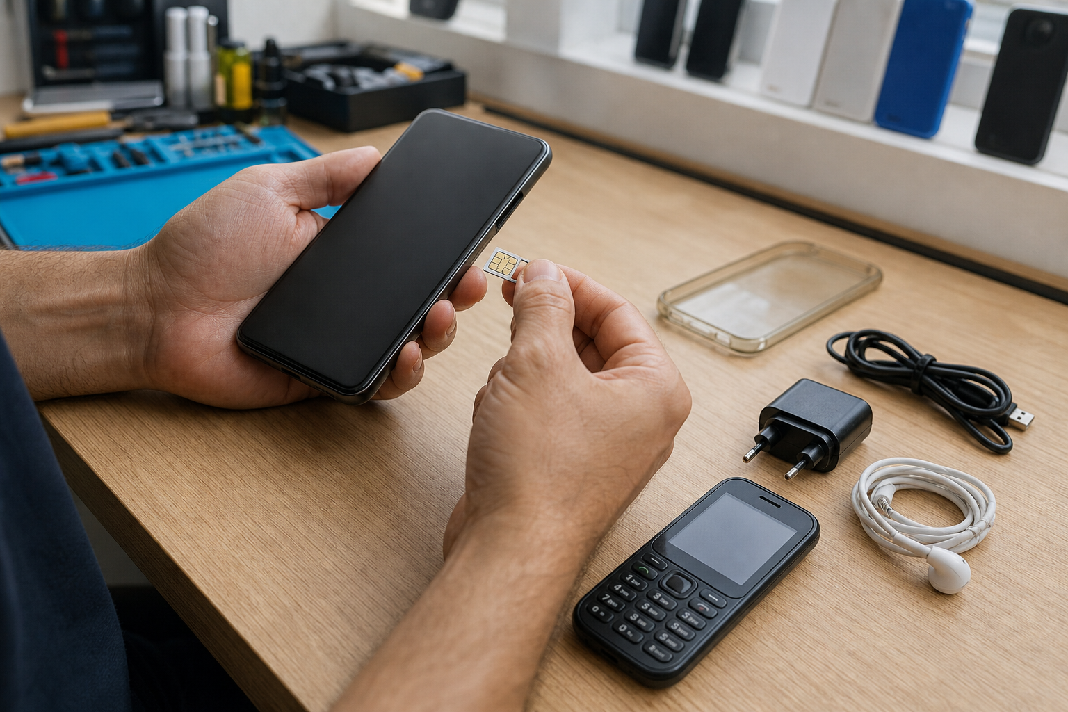 Technician checking a budget smartphone alongside an older handset and compatible accessories
