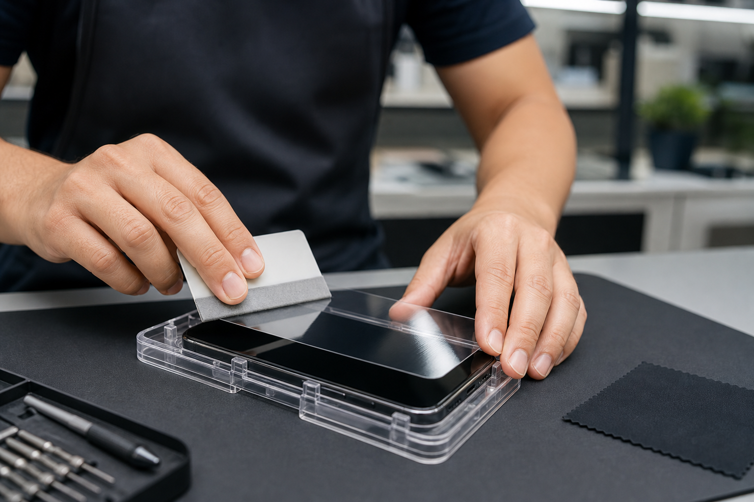 Technician carefully fitting a clear screen protector to a smartphone