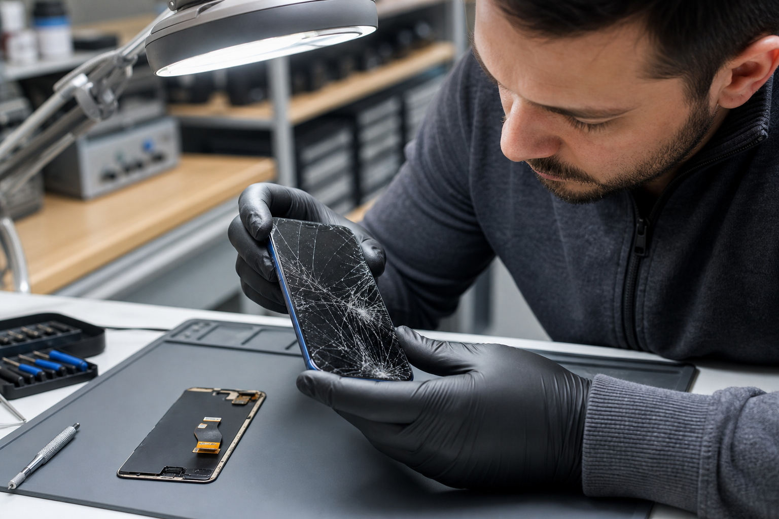 Technician inspecting a cracked smartphone screen beside repair tools and a replacement display