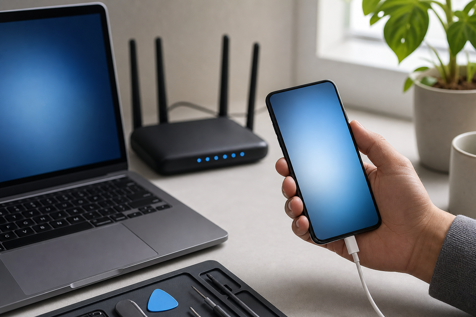 A smartphone, laptop and Wi-Fi router sit together while a technician checks the phone’s connection and battery.