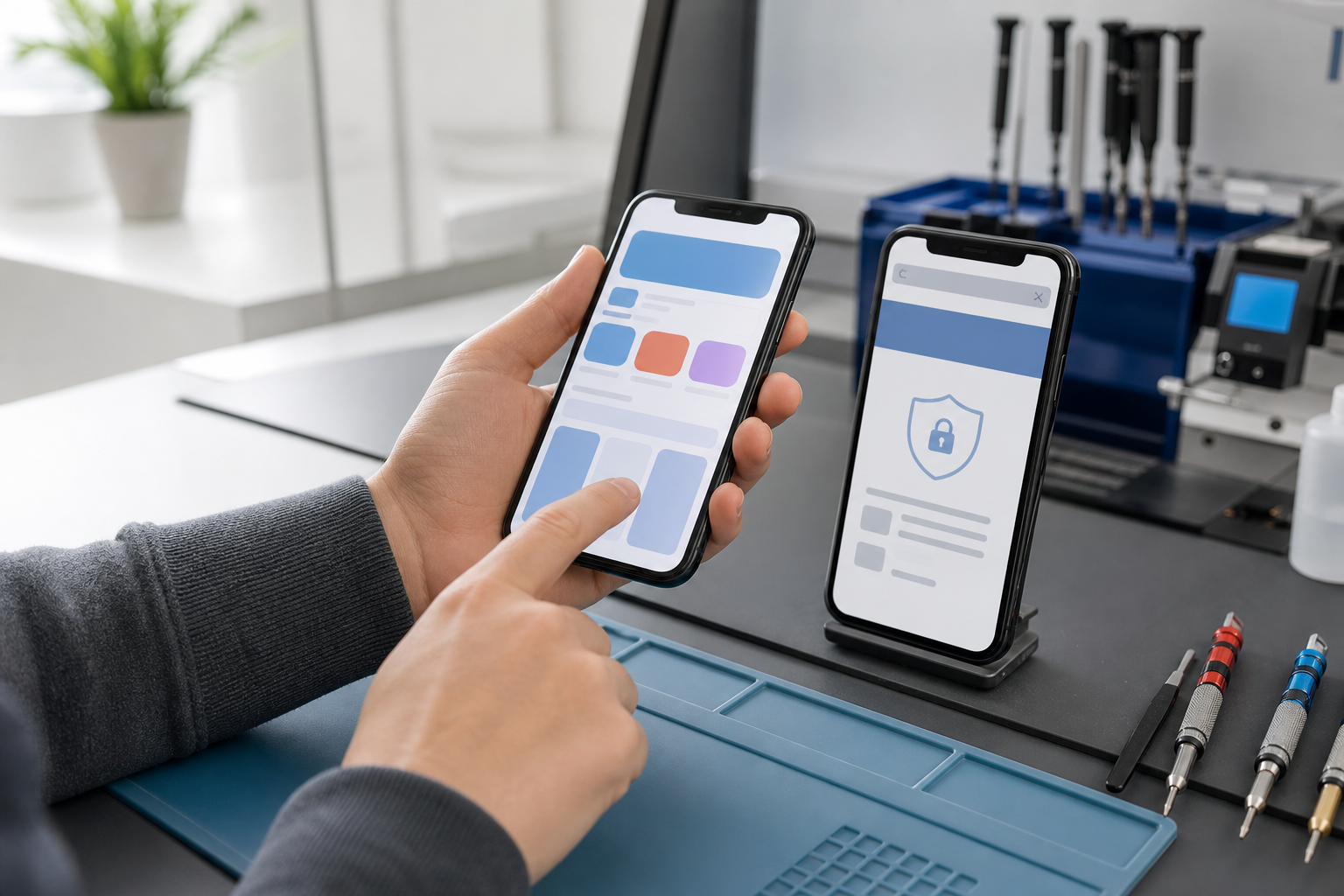 Technician hands compare a smartphone app installation with a secure browser session in a clean workshop.