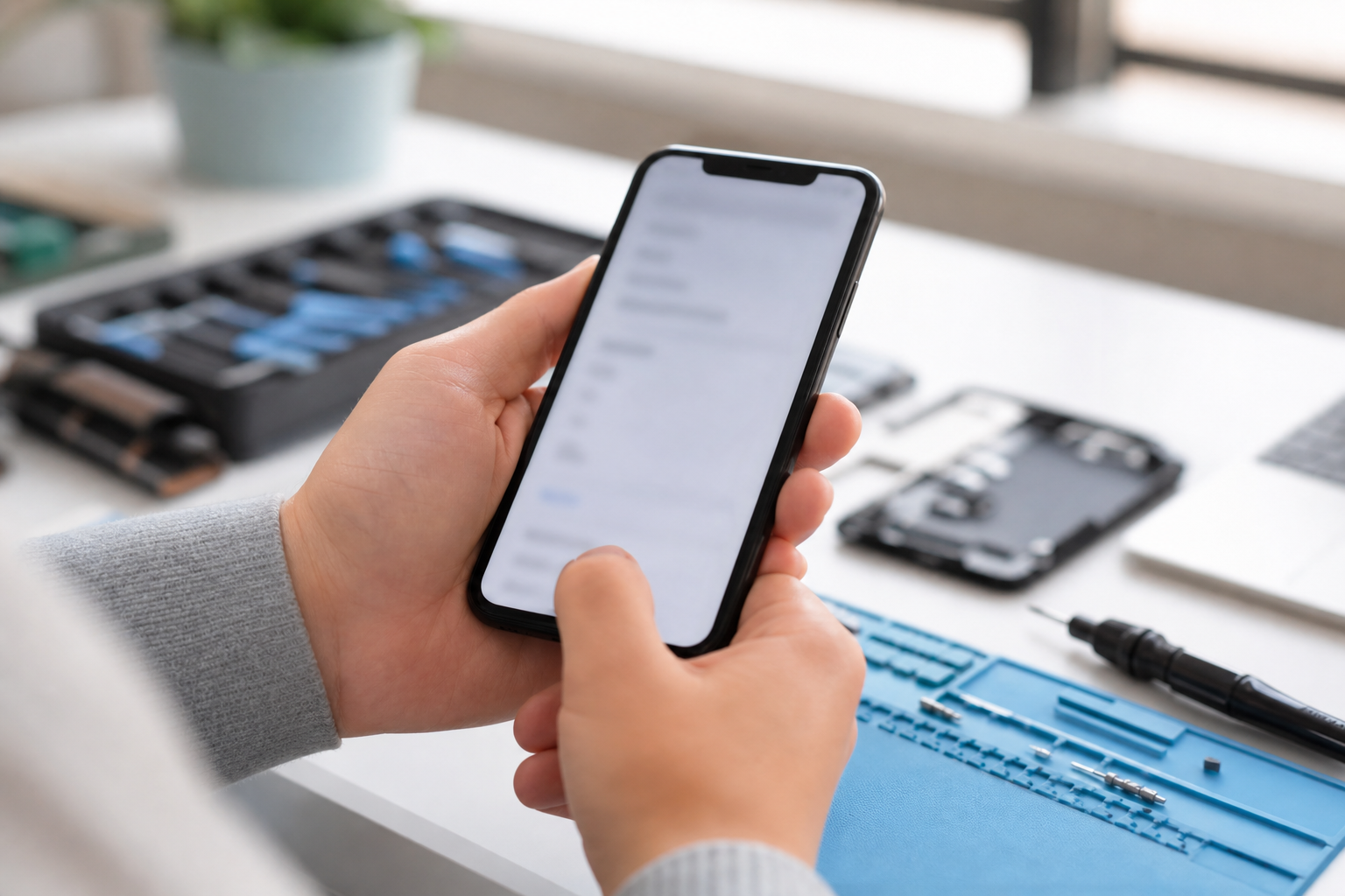 Hands checking a smartphone's model information in a clean workspace