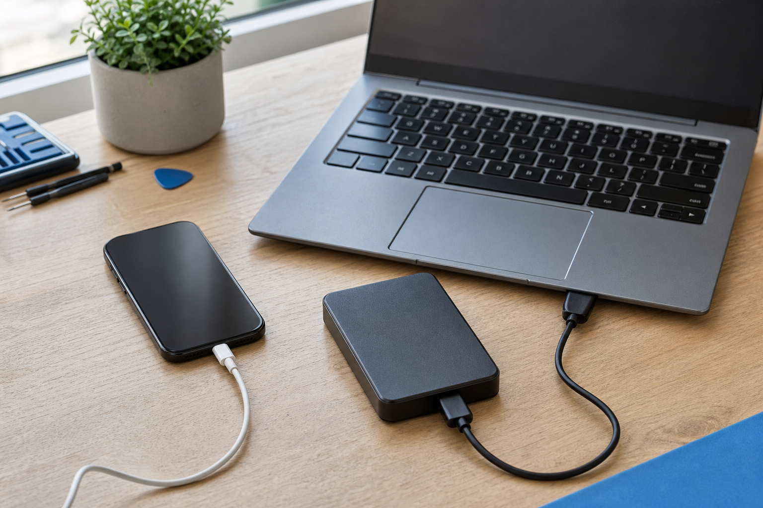 A smartphone, charger and storage equipment arranged for update preparation