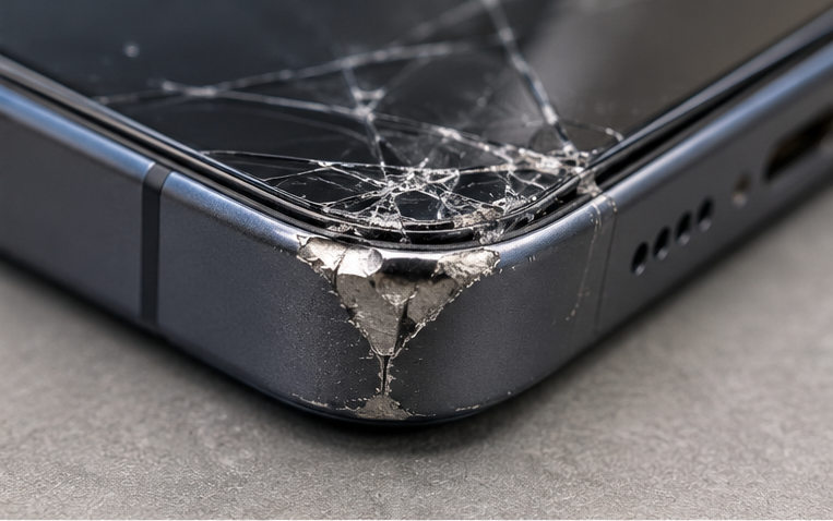 Close-up illustration of a dented smartphone corner with broken front glass