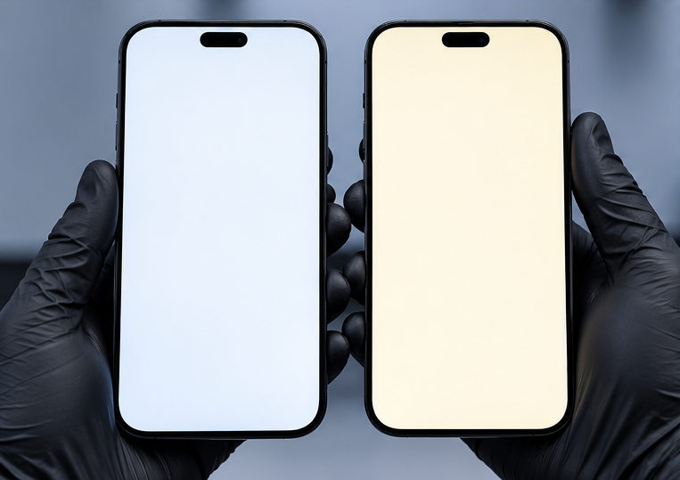 Illustrative side-by-side white display comparison showing a neutral white on the left and a slightly warmer white on the right