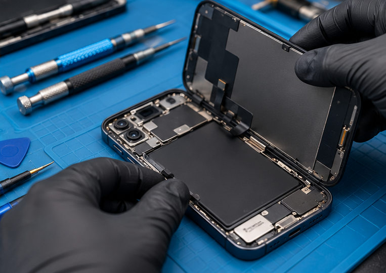 Illustrative mobile phone screen being handled on a technician's repair bench