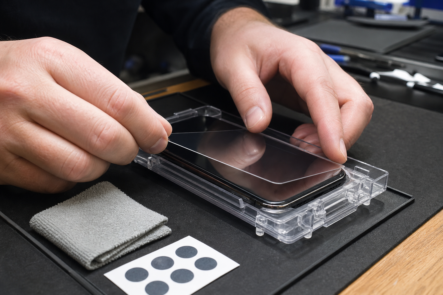 Technician hands use an alignment tray to fit a clear screen protector to a smartphone.