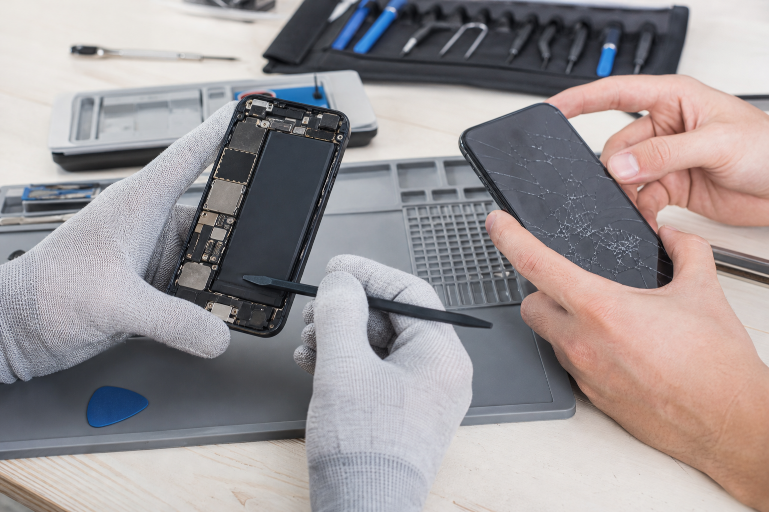 Two smartphones being assessed for battery and wider repair problems