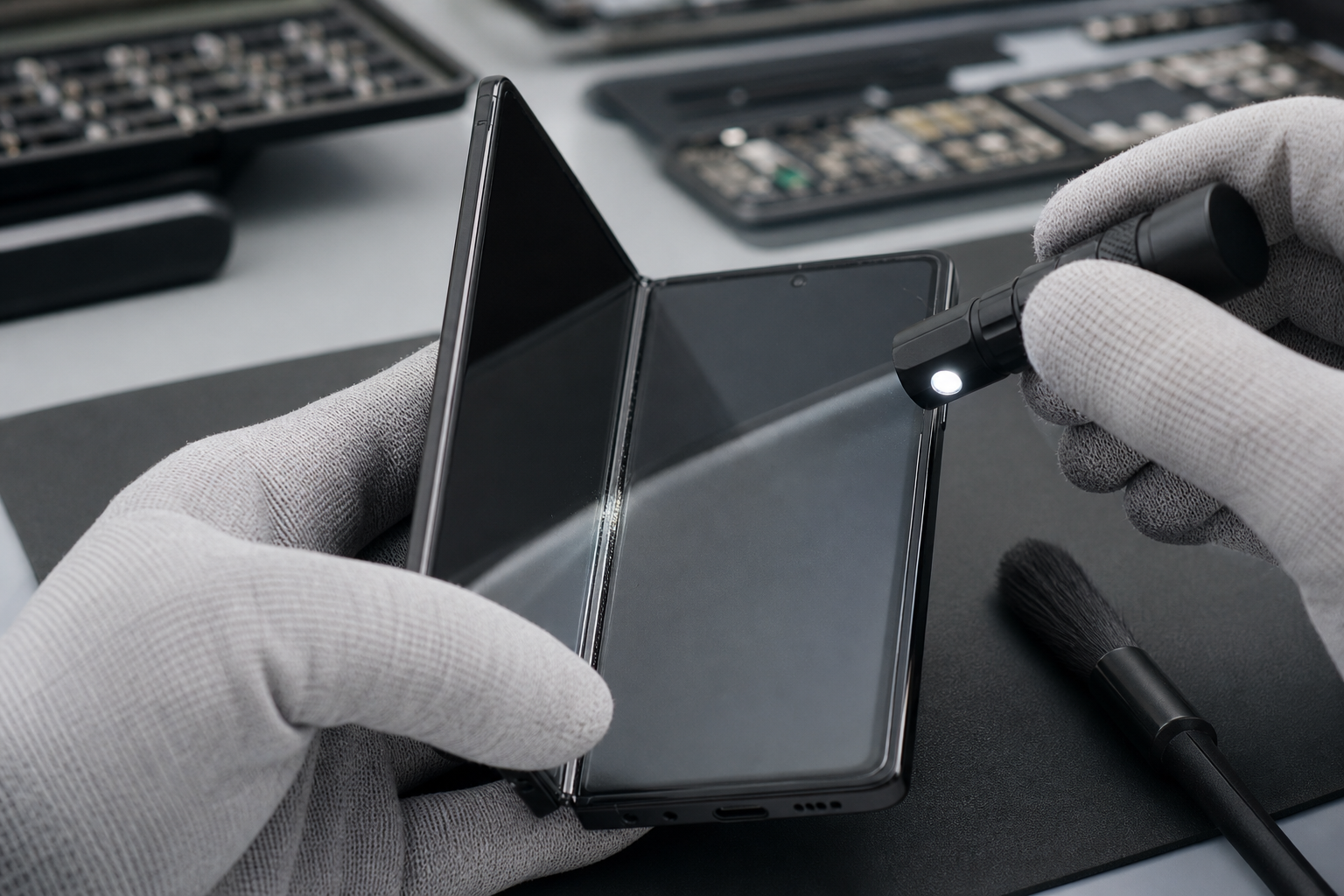 Technician inspecting a foldable phone hinge for trapped dust in a repair workshop
