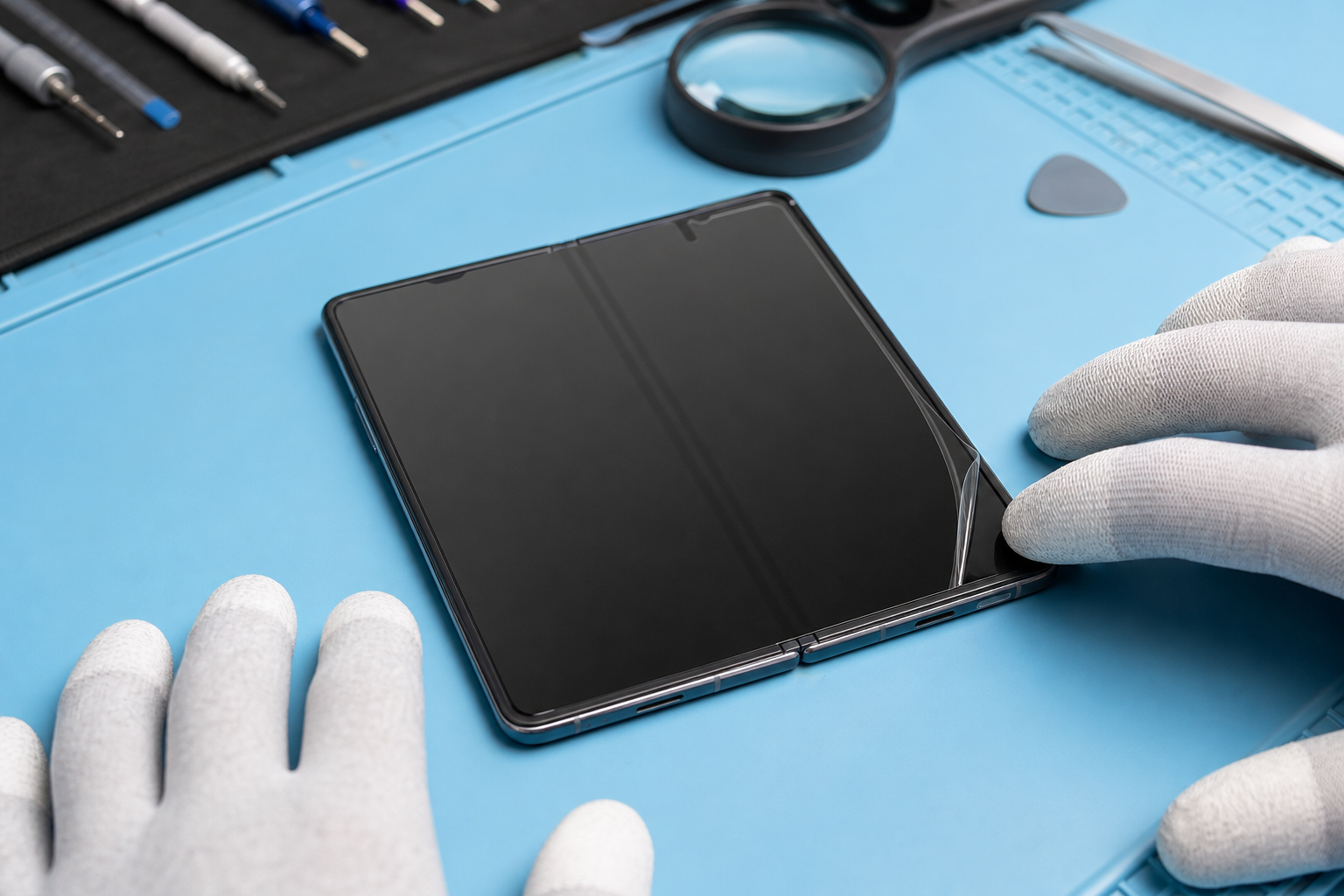 Foldable phone with a bubbling inner protective film being assessed by a repair technician