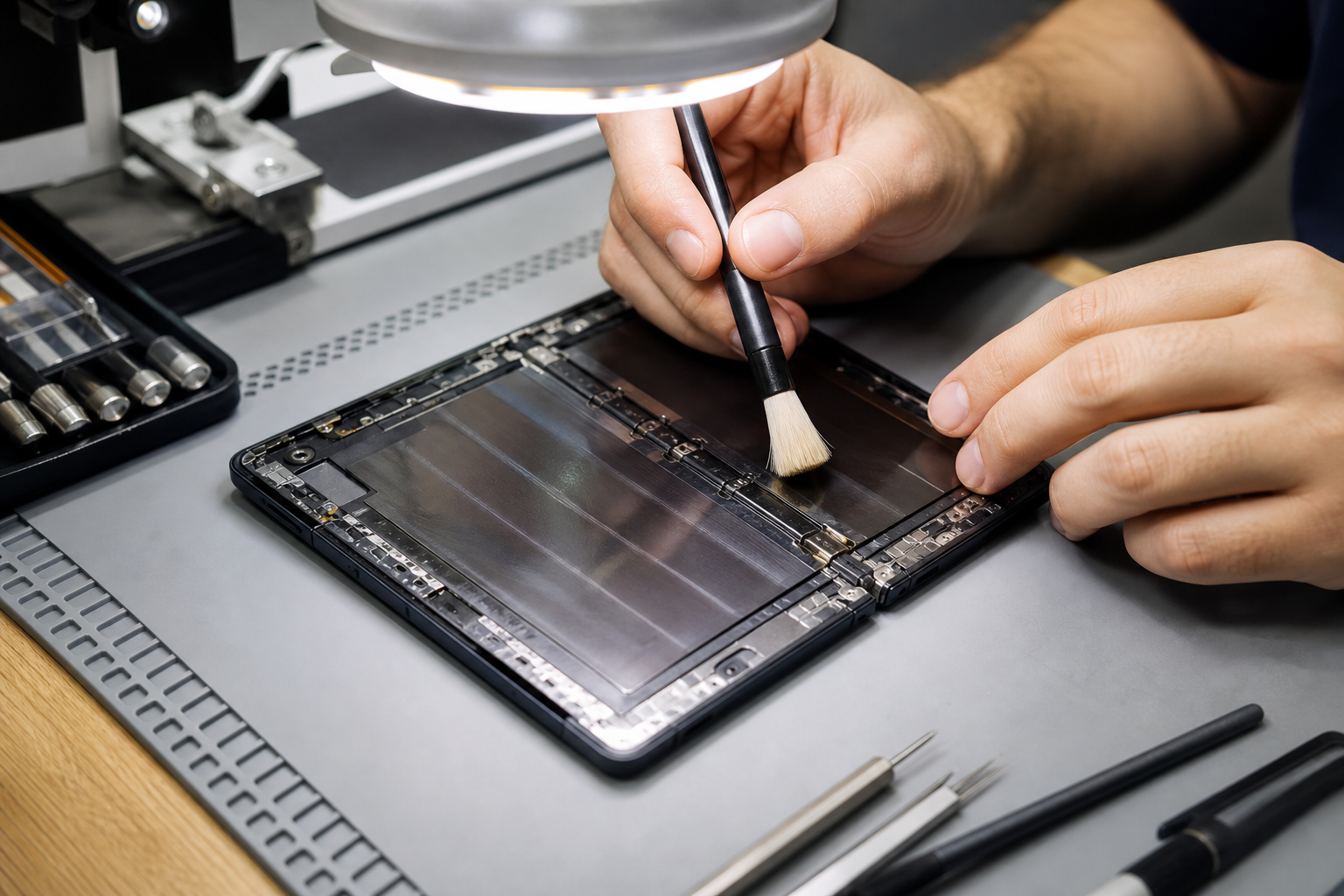 Technician carefully inspecting the hinge and inner display of a foldable smartphone