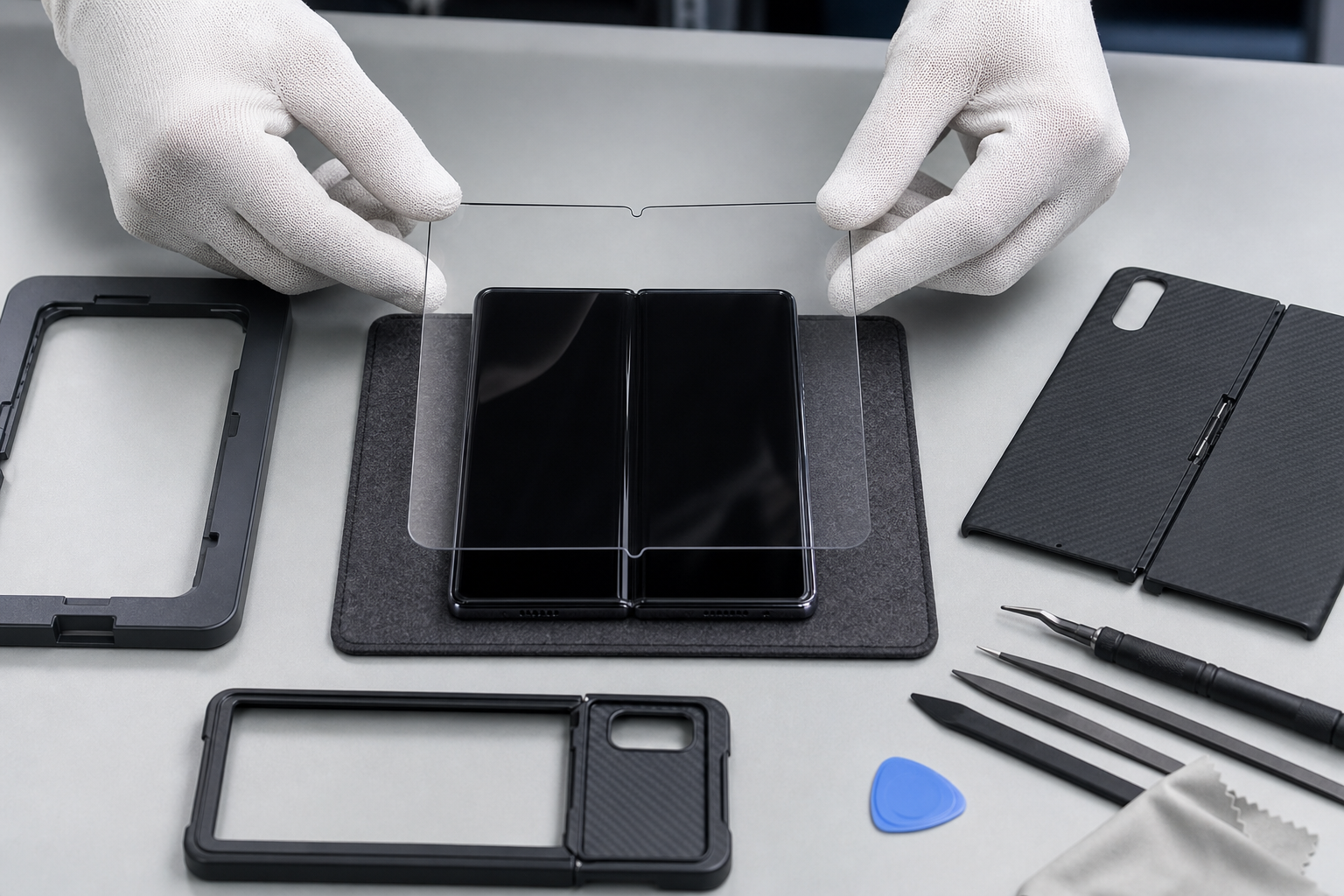 A flexible screen protector and protective case prepared beside an open foldable phone