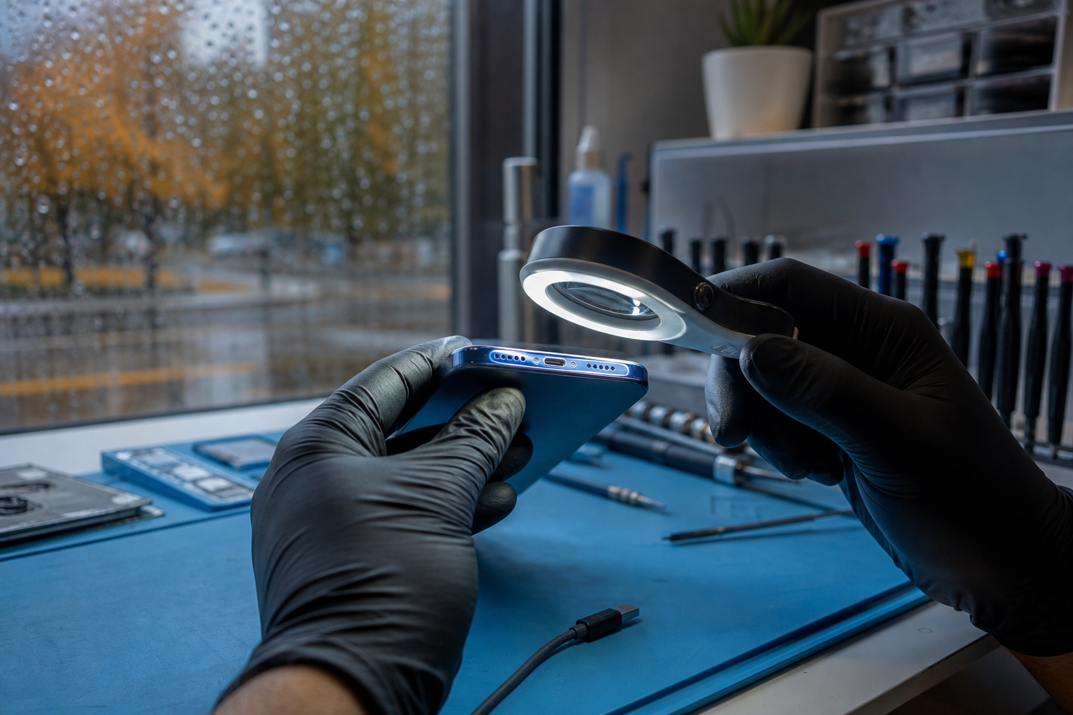 A technician checking a smartphone charging port for moisture and debris