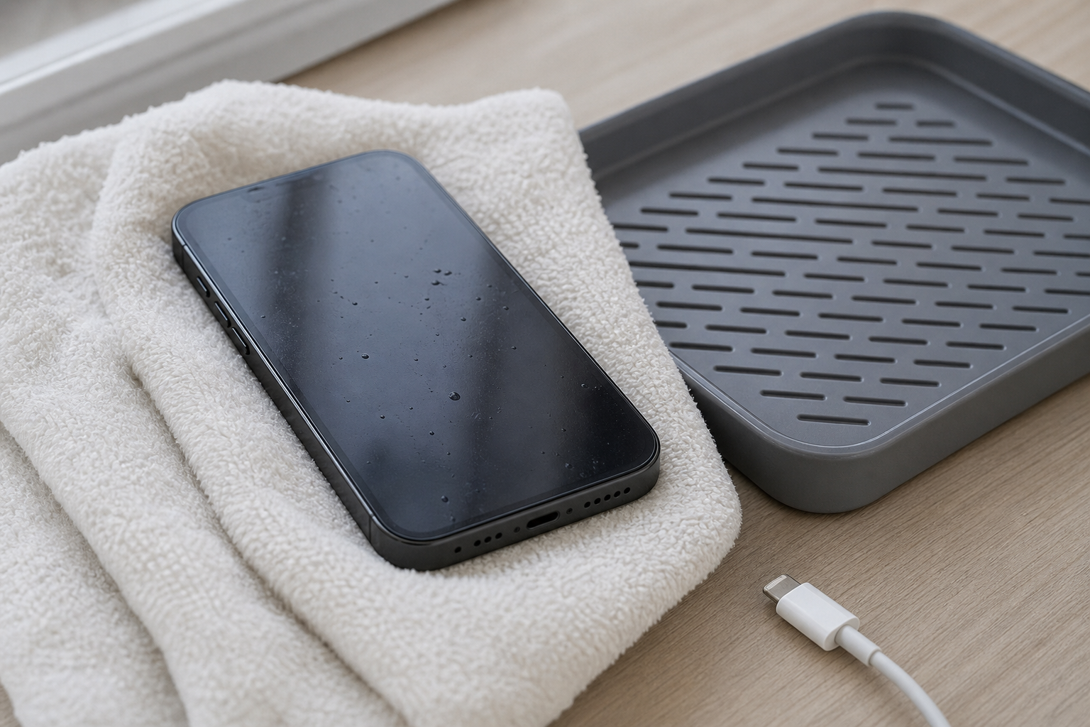 A wet phone being left to dry safely with its charging cable disconnected