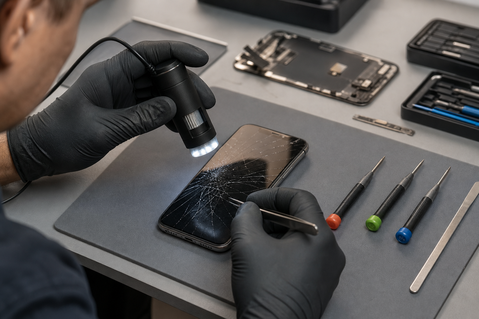 A technician examines a cracked smartphone screen during a careful repair assessment.