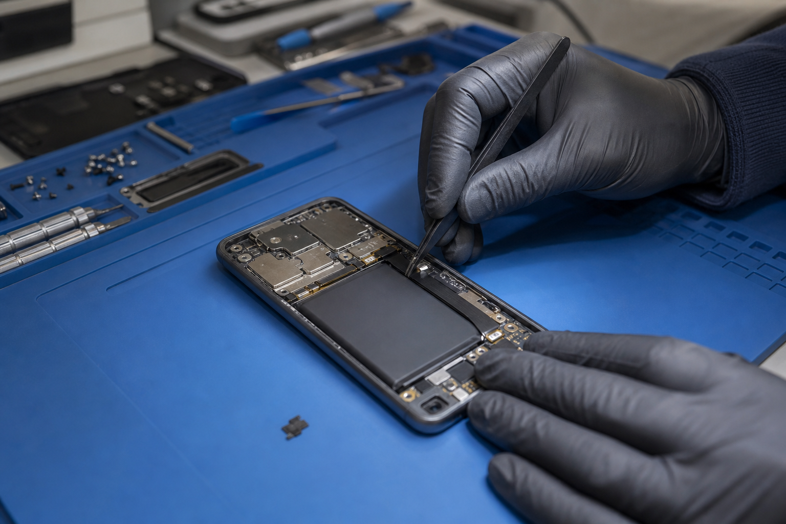 A technician checks a phone battery and charging components on an anti-static repair mat.