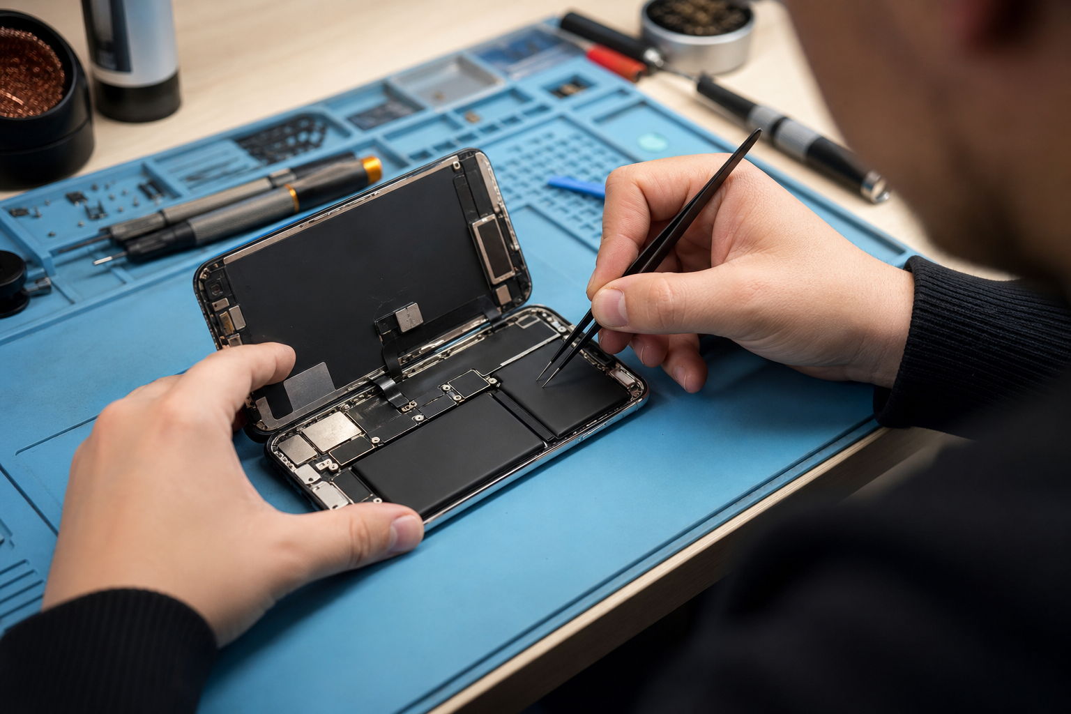 Technician inspecting a smartphone battery and charging components during a repair assessment