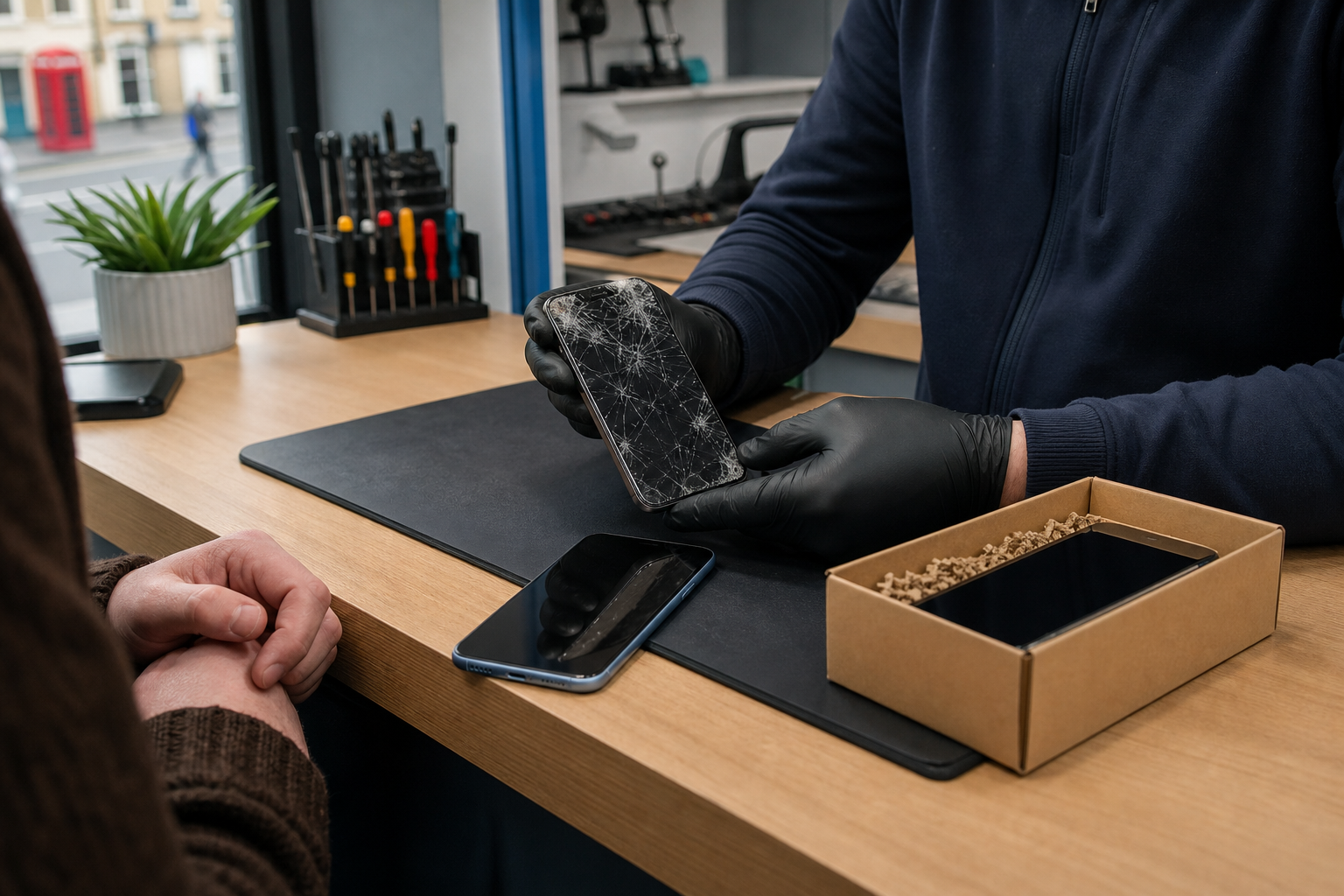 Cracked phone being assessed beside a refurbished replacement handset at a local repair counter