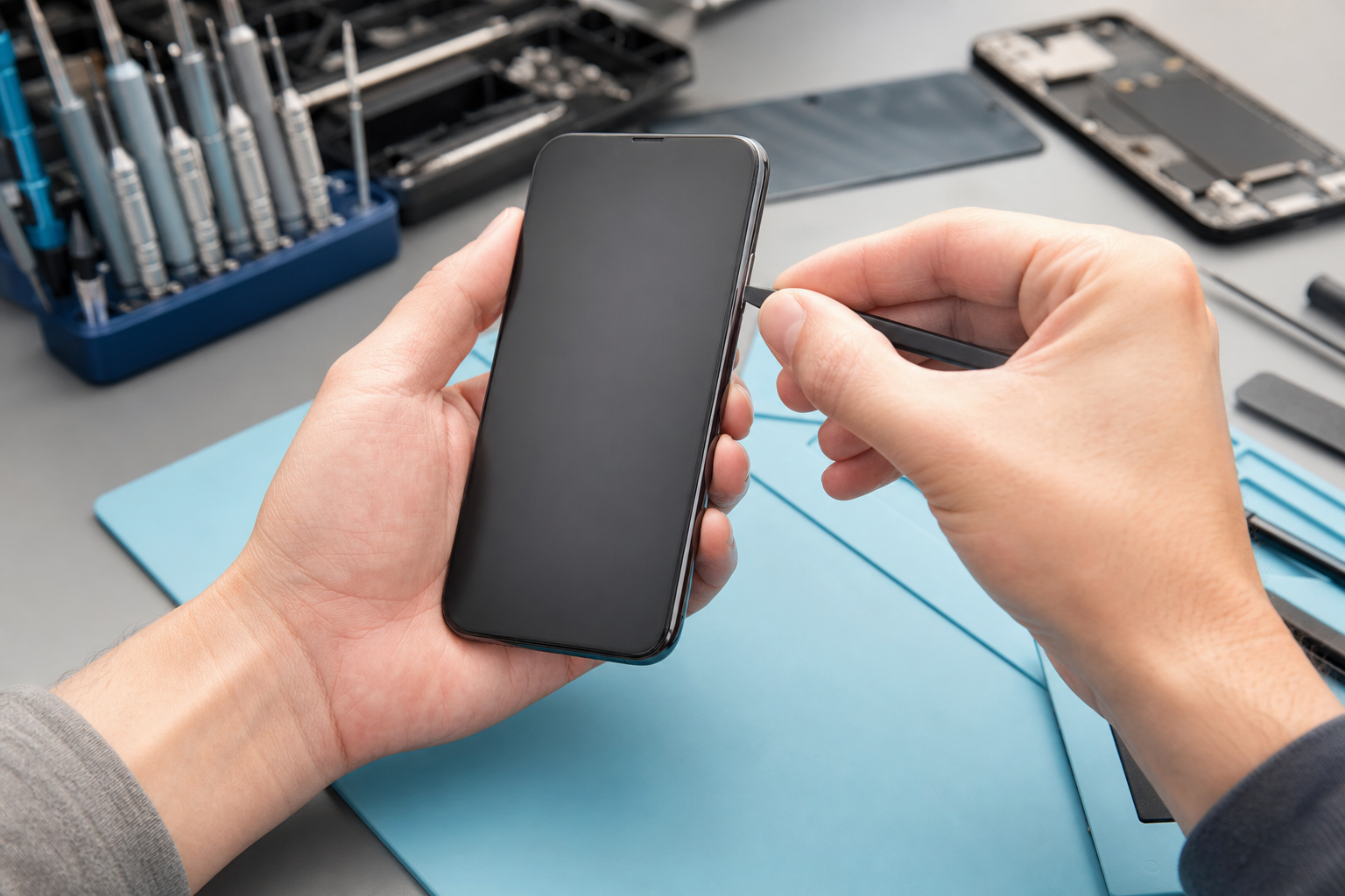 Hands holding a smartphone while accessing its power controls
