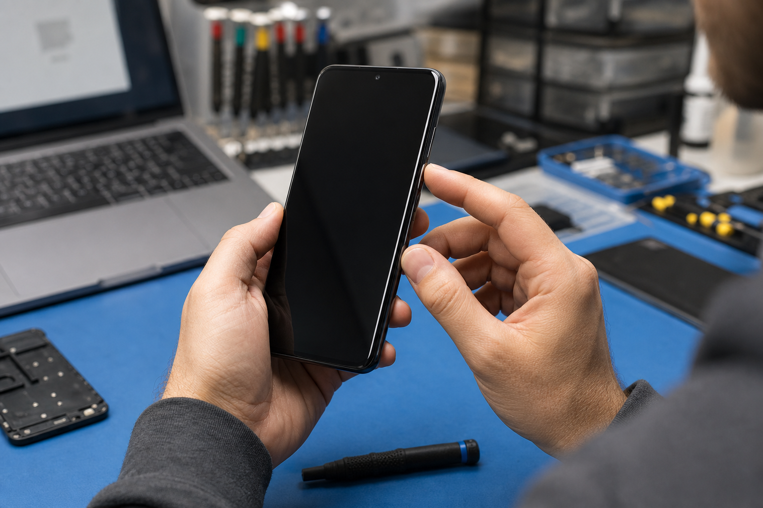 Technician checking a smartphone during software troubleshooting