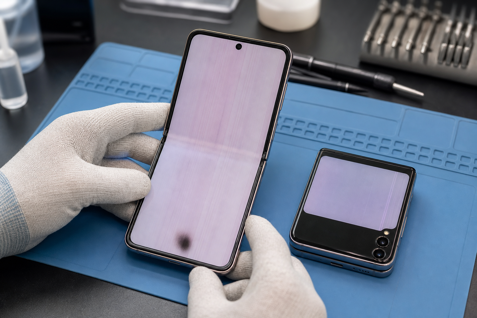 A technician compares the inner folding display with the smaller outer display of a foldable phone during diagnosis.