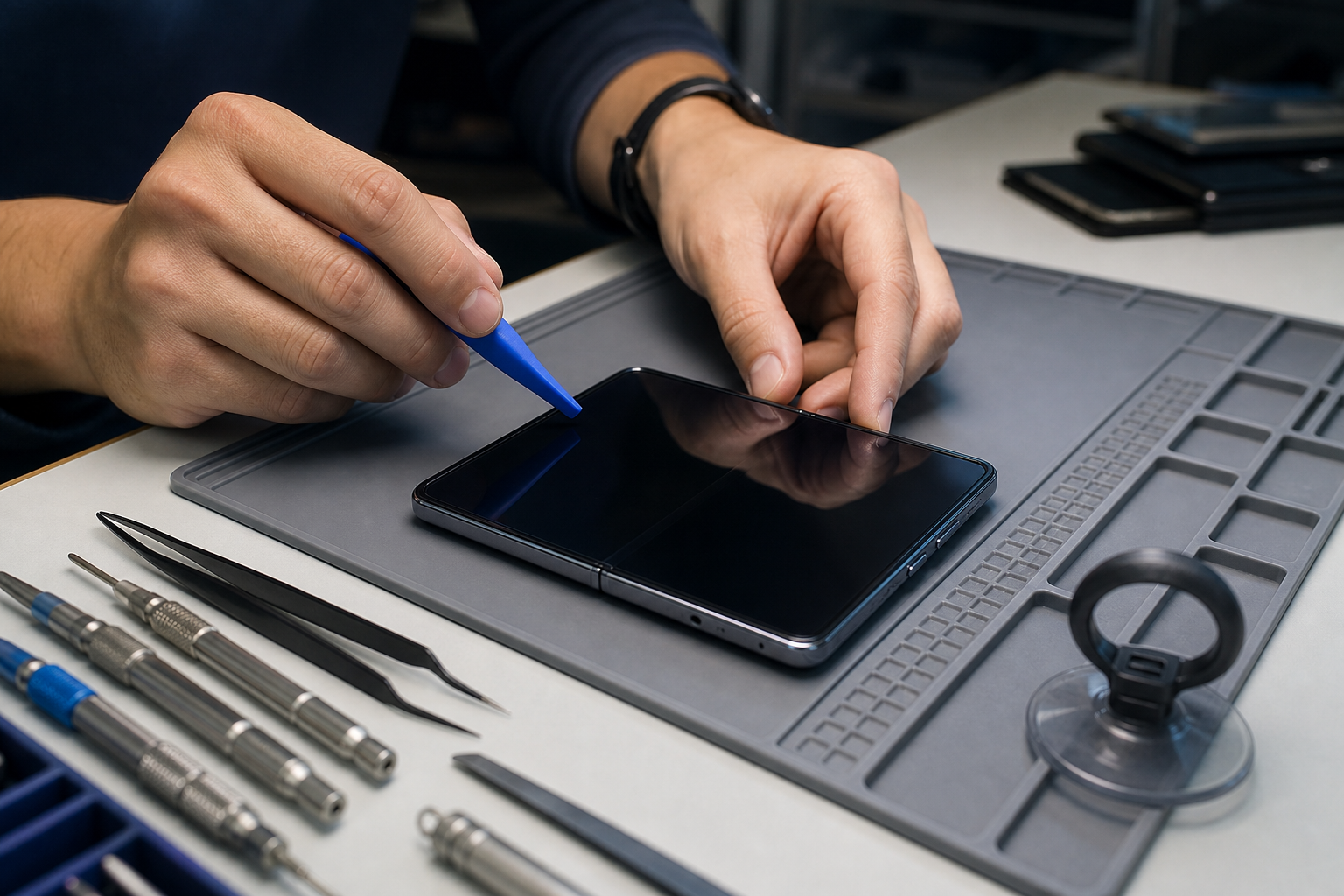 A technician gently inspects the edge of a foldable phone screen protector on an antistatic repair mat.