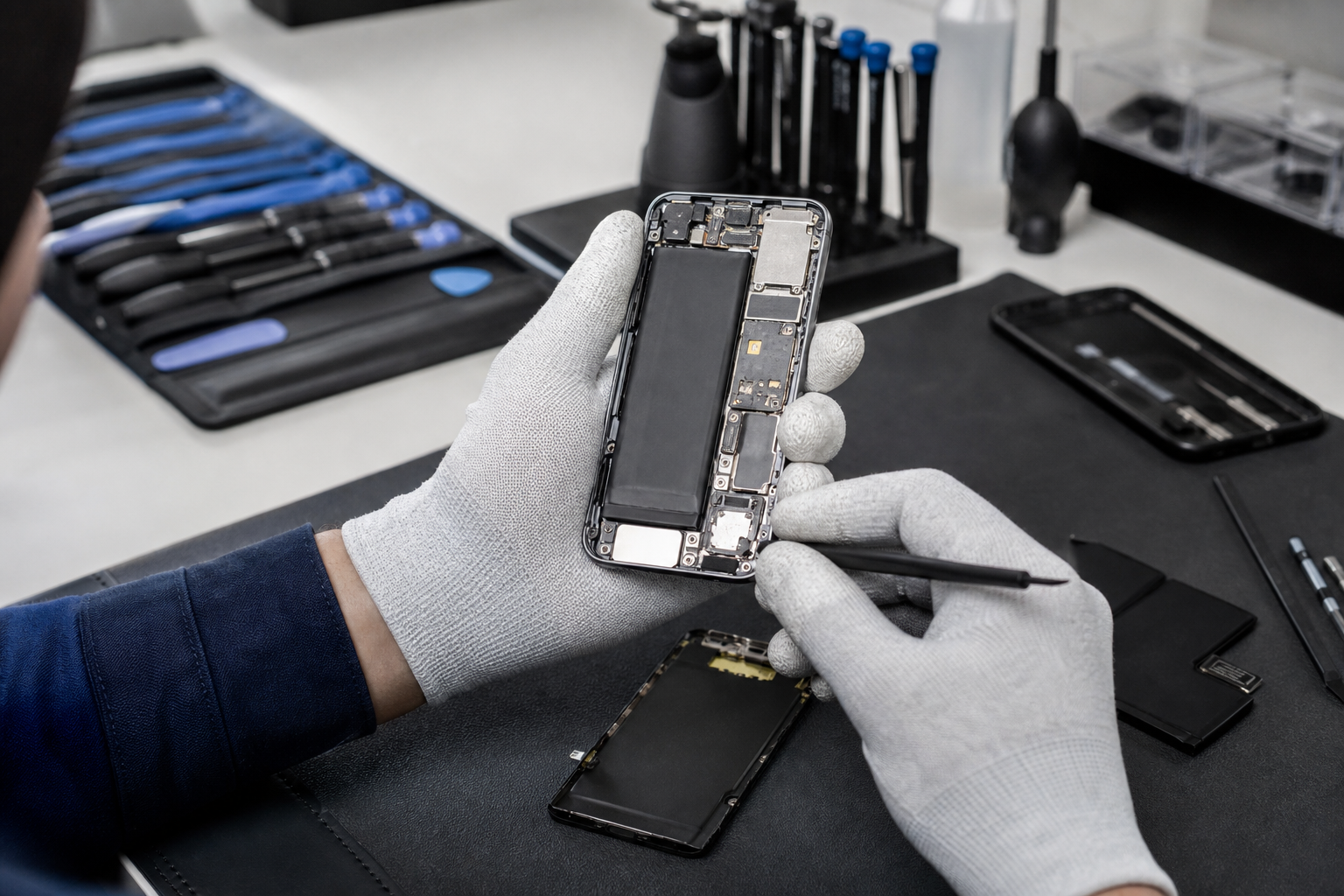 A technician carefully inspecting a smartphone battery and internal components during a repair assessment.